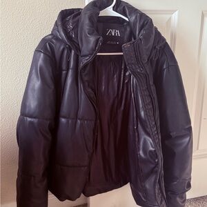 Zara Black Quilted Faux Leather Puffer Jacket with Hood